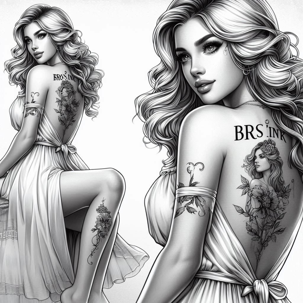 Elegante Frau mit Bro's Ink Tattoo auf dem Oberschenkel